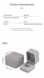 Detailed view of grey velvet jewelry box showing 7x7x4cm dimensions and interior ring