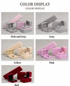 Premium velvet jewelry box collection in pink, gray, red, and yellow for rings and necklaces.