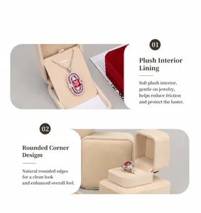 Close-up detail of beige velvet jewelry box featuring soft inner lining and rounded corners.