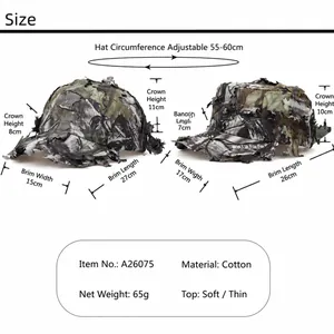 Detailed size specifications for 3D camouflage leaf tactical jungle cap