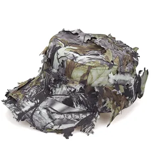 Detailed view of 3D leaf camouflage hunting hat with realistic forest pattern
