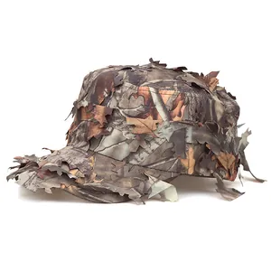 Side view of bionic camouflage baseball cap featuring realistic 3D leaf texture for hunting.