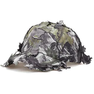 Detailed view of bionic camouflage baseball cap with 3D leaf-cut jungle ghillie design.
