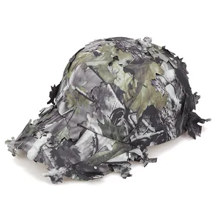 Detailed close-up view of 3D bionic leaf camouflage baseball cap for outdoor woodland training