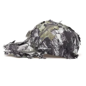 Detail view of tactical bionic leaf camouflage baseball cap for outdoor jungle hunting