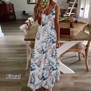 Summer floral print spaghetti strap maxi dress for women in white vacation style