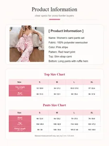 Detailed size chart and product specs for women's heart print seersucker pajama set