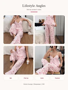 Lifestyle view collage of pink heart striped seersucker pajama set with cami and pants