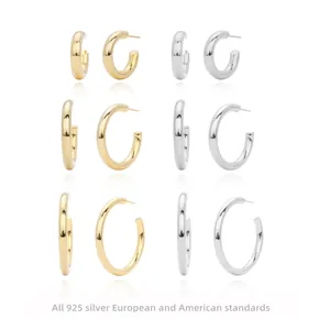 925 Sterling Zilveren Hoop Oorbellen Minimalistische Glanzende C-Vormige Chunky Oorknopjes Voor Dames Casual Mode Sieraden