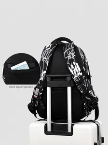 Large capacity graffiti print laptop backpack with back luggage strap and hidden pocket