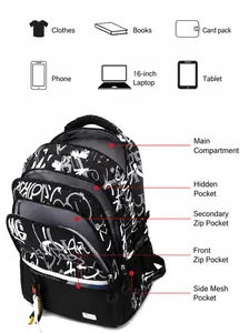 Professional large capacity graffiti print backpack fits 16-inch laptop for travel and school