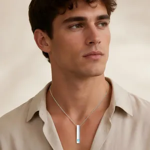 Professional minimalist stainless steel long bar necklace for men with blue stone accent