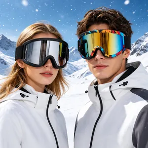 Professional windproof ski goggles for men and women with colorful lenses on snow mountain.