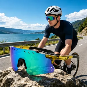 Close-up detail of sports cycling sunglasses with vibrant blue-green mirrored lenses