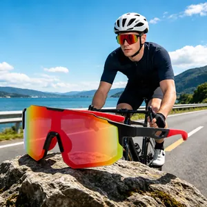 Large frame UV400 cycling sunglasses with reddish-orange lens for outdoor sports activities