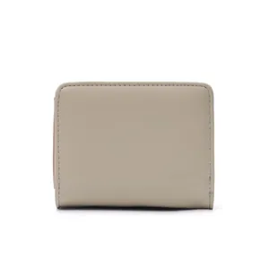 Rear view showing clean stitching of minimalist beige PU leather short wallet for women