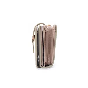Side view showing thickness and layered compartments of women's PU leather wallet
