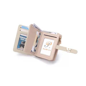 Detailed interior view of beige PU leather short wallet with multiple card slots
