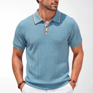 Men's Business Casual Viscose Knit Polo Shirt Short Sleeve Striped Cable Knit Texture Summer Breathable Slim Fit Top