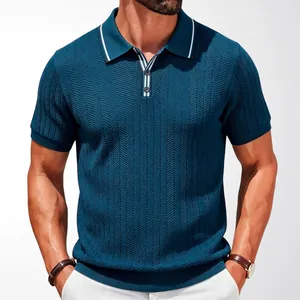 Men's business casual short sleeve knit Polo shirt with textured chevron stripes