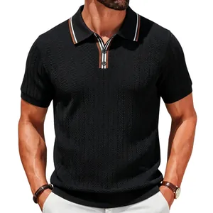Men's black business casual short sleeve knitted Polo shirt with elegant herringbone texture