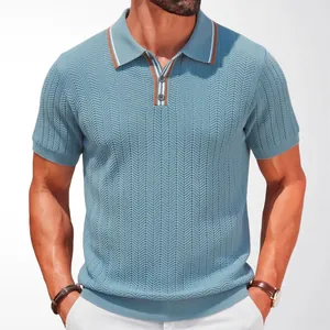 Light blue men's knitted polo shirt with chevron texture and striped lapel details