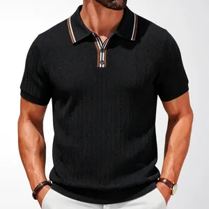 Elegant men's black short-sleeved knitted polo shirt featuring chevron texture and striped collar
