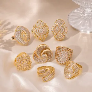 French Vintage Stainless Steel Adjustable Ring For Women Gold Plated Zirconia Geometric Square Round Flower Jewelry