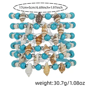 Handmade Bohemian shell bracelet set featuring turquoise beads and stackable weave design