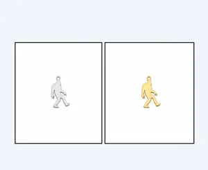 Detail of stainless steel Bigfoot gorilla silhouette pendants in gold and silver finish