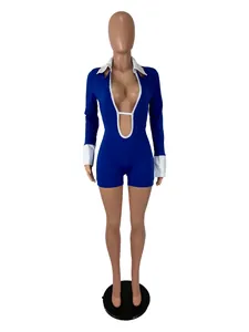Tutina sexy blu e bianca a maniche lunghe vestibilità aderente con profondo scollo a V