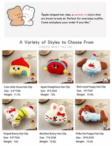 Detailed specifications for cute plush cartoon doll hair clips in various animal styles