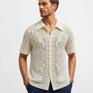 Men Casual Cotton Knitwear Polo Shirt Embossed Jacquard Hollow Out Short Sleeve Cardigan Vintage Crochet Top For Summer