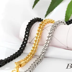Hip-hop stainless steel Cuban link bracelets for men and women in black gold and silver colors