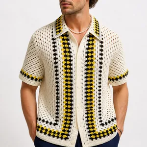 Polo de Punto Calado al Crochet Estilo Étnico para Hombre Manga Corta Acrílico Estilo Vacaciones Cuello Vuelto SY0130