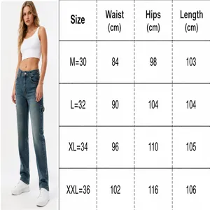 Size chart for men's loose blue denim pants with waist, hips and length measurements