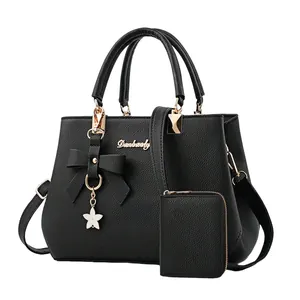 Women Fashion Handbag And Wallet Litchi Pattern PU Leather Top Handle Crossbody Bag With Bow Decor Star Pendant Elegant