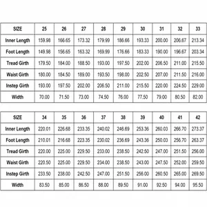 Detailed shoe size chart for waterproof winter snow boots sizes 25-42
