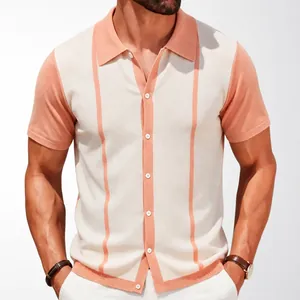 Cardigan polo da uomo in maglia a righe color pesca e panna a maniche corte estivo