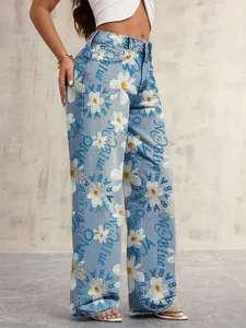Stylish high-waisted wide-leg denim jeans featuring daisy and text prints in street style