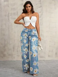 Fashionable light blue wide-leg denim jeans featuring white daisy and blue letter prints
