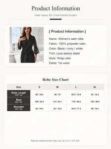 Detailed size chart and product specs for women's lace satin robe