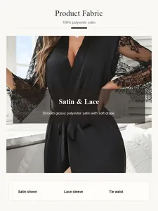 Detailed view of the black satin robe showing lace sleeves and soft fabric texture