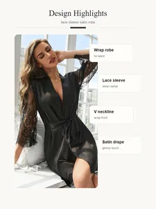 Detailed feature highlights of an elegant black satin robe with sheer lace sleeves