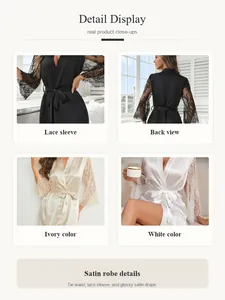 Detailed close-ups of luxury satin robe featuring lace sleeves and adjustable tie waist design