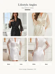 Detailed view of women's satin robes in black, ivory, and white with lace sleeves.