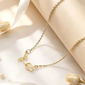 Elegant gold tulip necklace with chalcedony cat's eye stone pendant for women