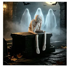Detail van Halloween hars skelet zittend op een grafsteen in mistige nacht