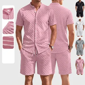 Abbigliamento Uomo Estivo in Maglia a Nido d'Ape Top And Bottom Jacquard Camicia a Maniche Corte e Pantaloncini con Coulisse