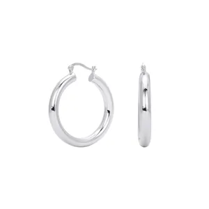 Detailed view of S925 sterling silver hollow tube hoop earrings with high polish